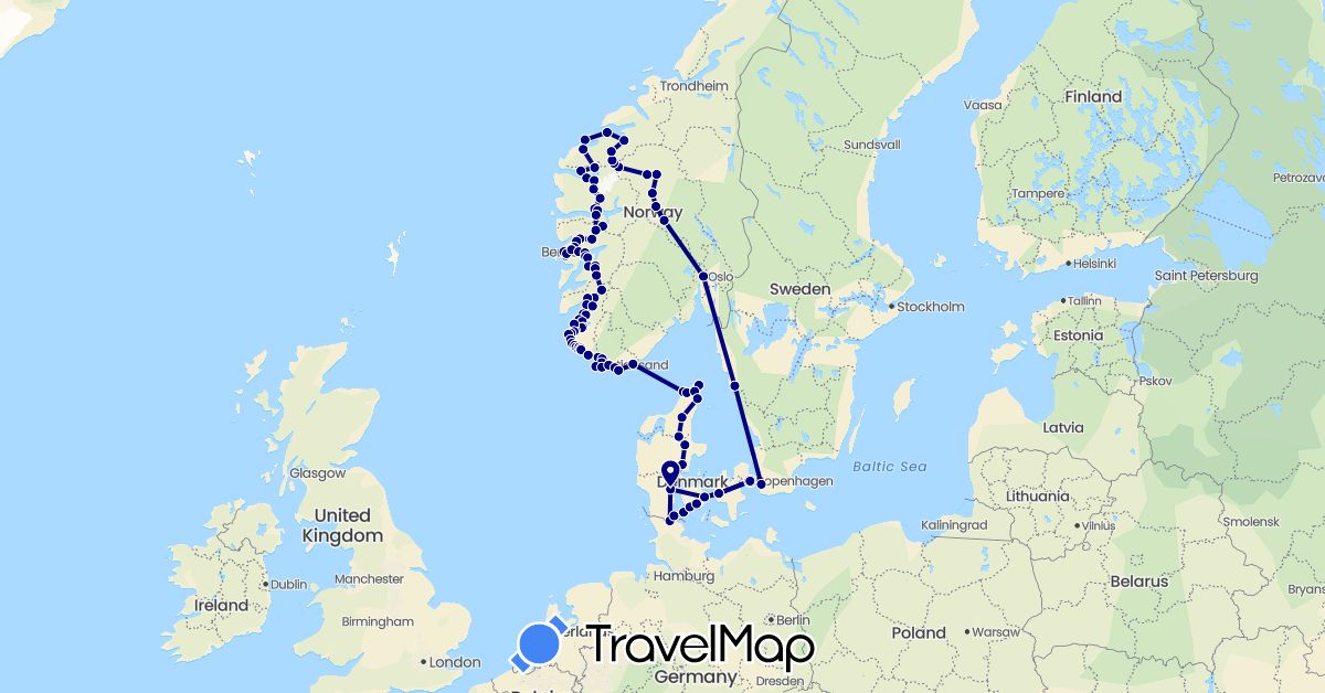 TravelMap itinerary: driving in Germany, Denmark, Norway, Sweden (Europe)